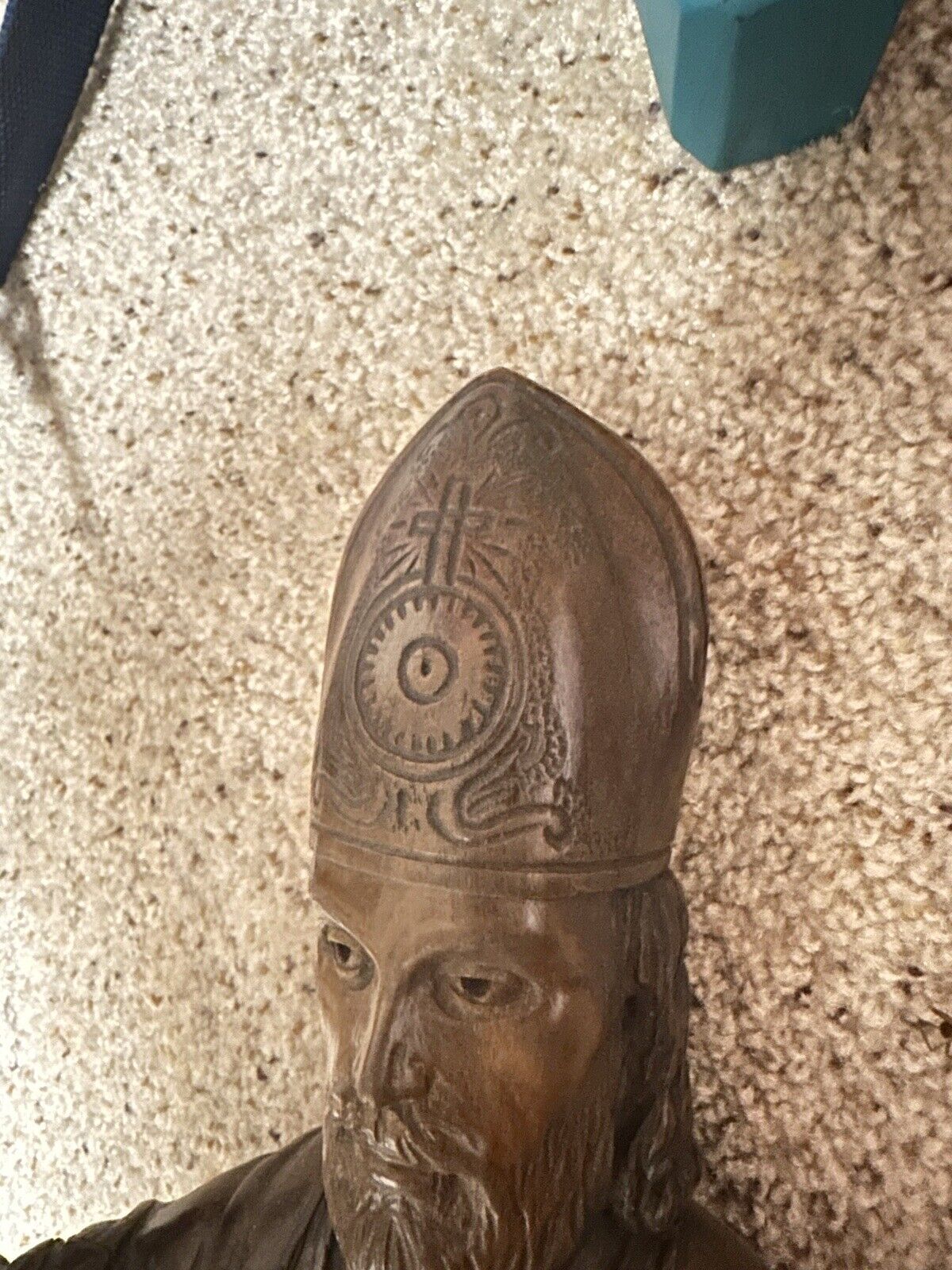 1800s Wood Carved Saint Pope Statue by H.A.D