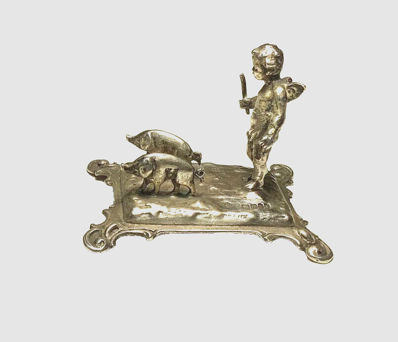 Antique Sterling Cupid Statue with Pigs, hallmarked
