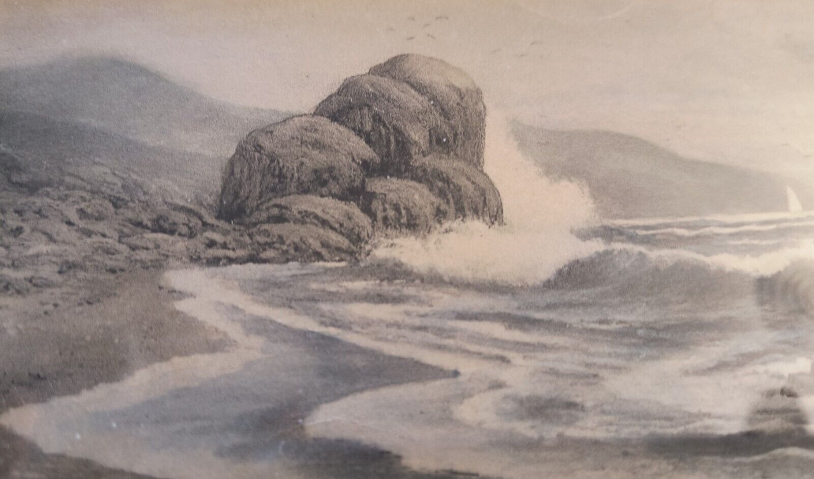 1900s Hand Painted Maritime Seaside Rocks Waves Art