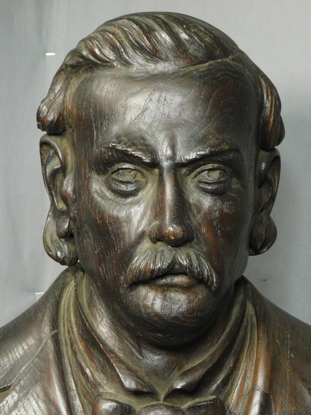 Carved Oak Mark Twain Portrait Bust, 1800s Antique