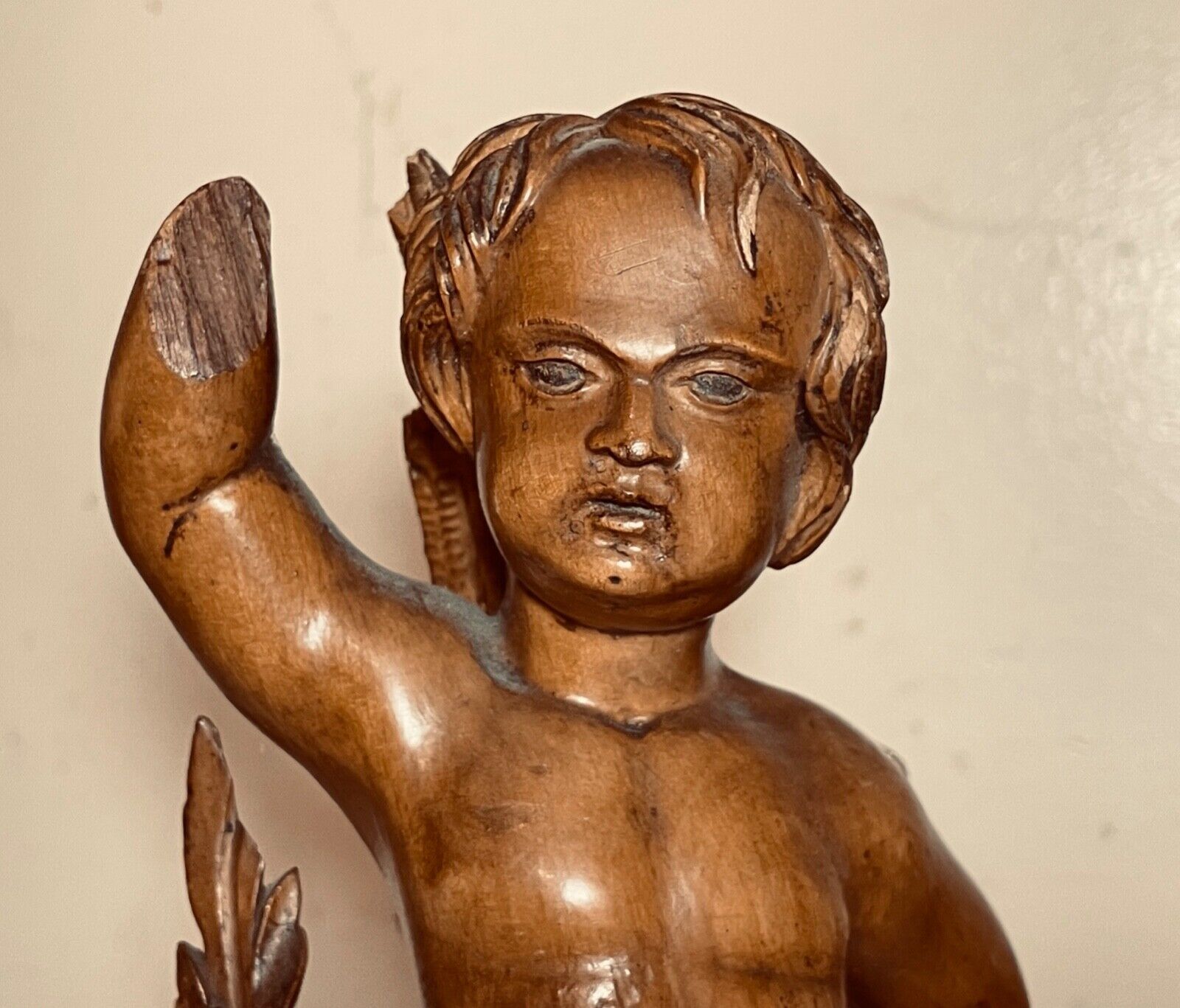 1800s Hand-Carved Apple Wood Cherub Putti Statue