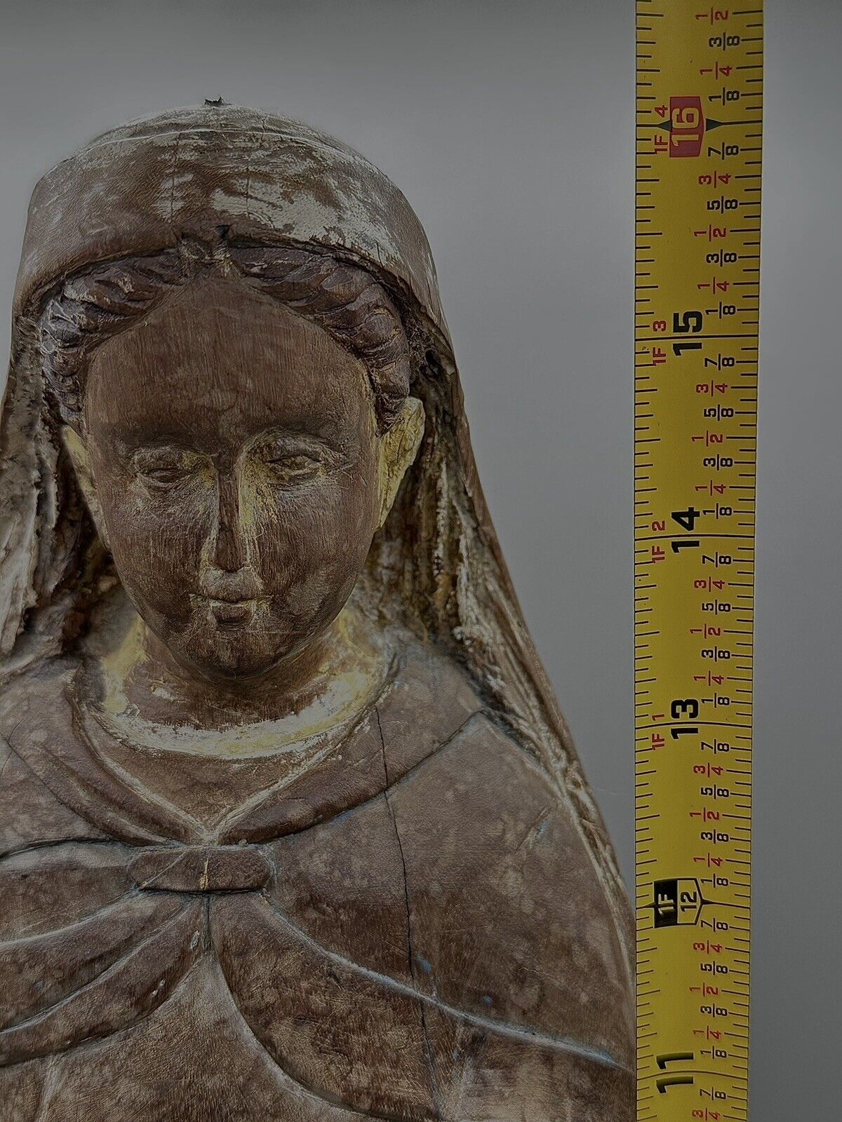 19thC Antique Hand Carved Wooden Madonna Sculpture 16in”