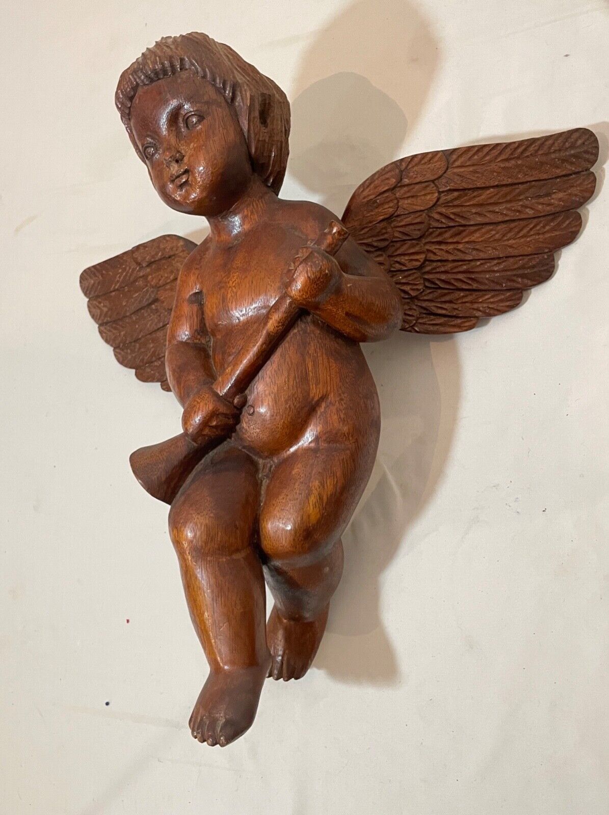 1800's hand carved wood religious cherub cupid statue