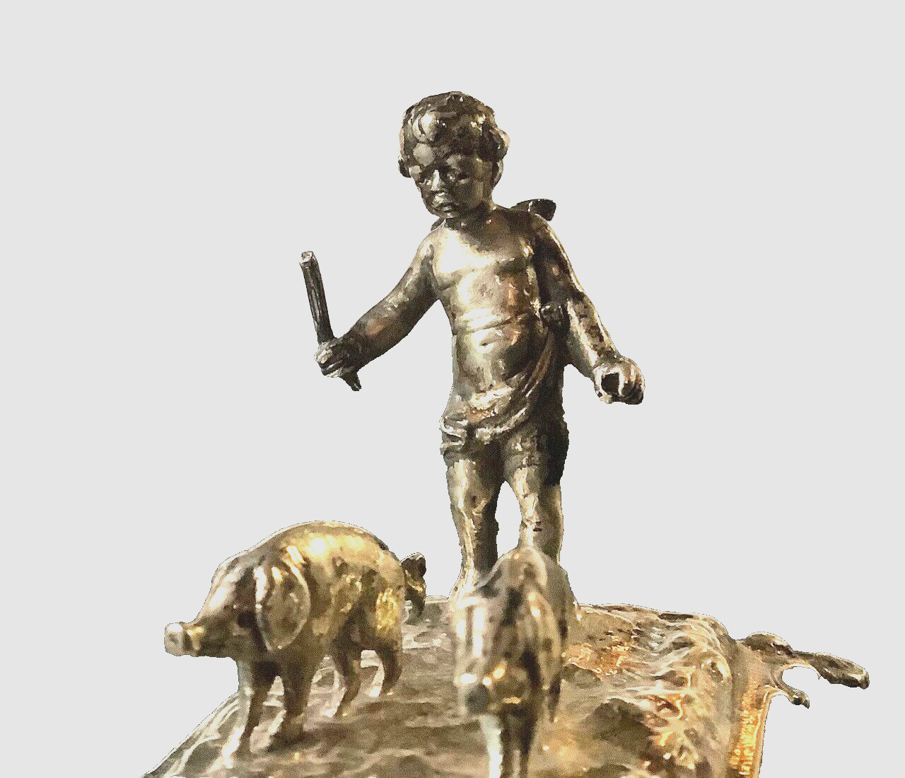 Antique Sterling Cupid Statue with Pigs, hallmarked