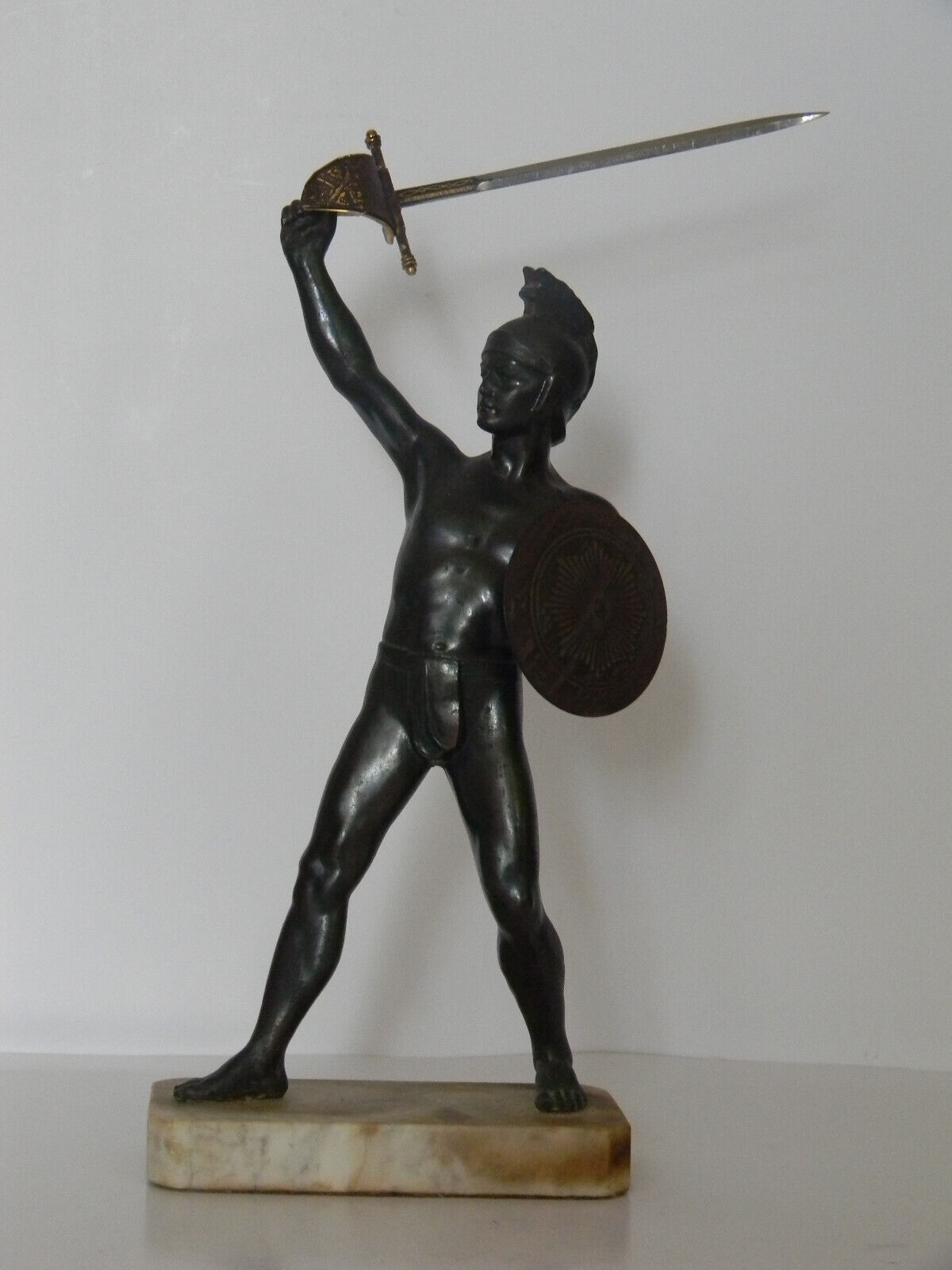 1800s Victorian Spelter Roman Warrior Figures on Marble Bases