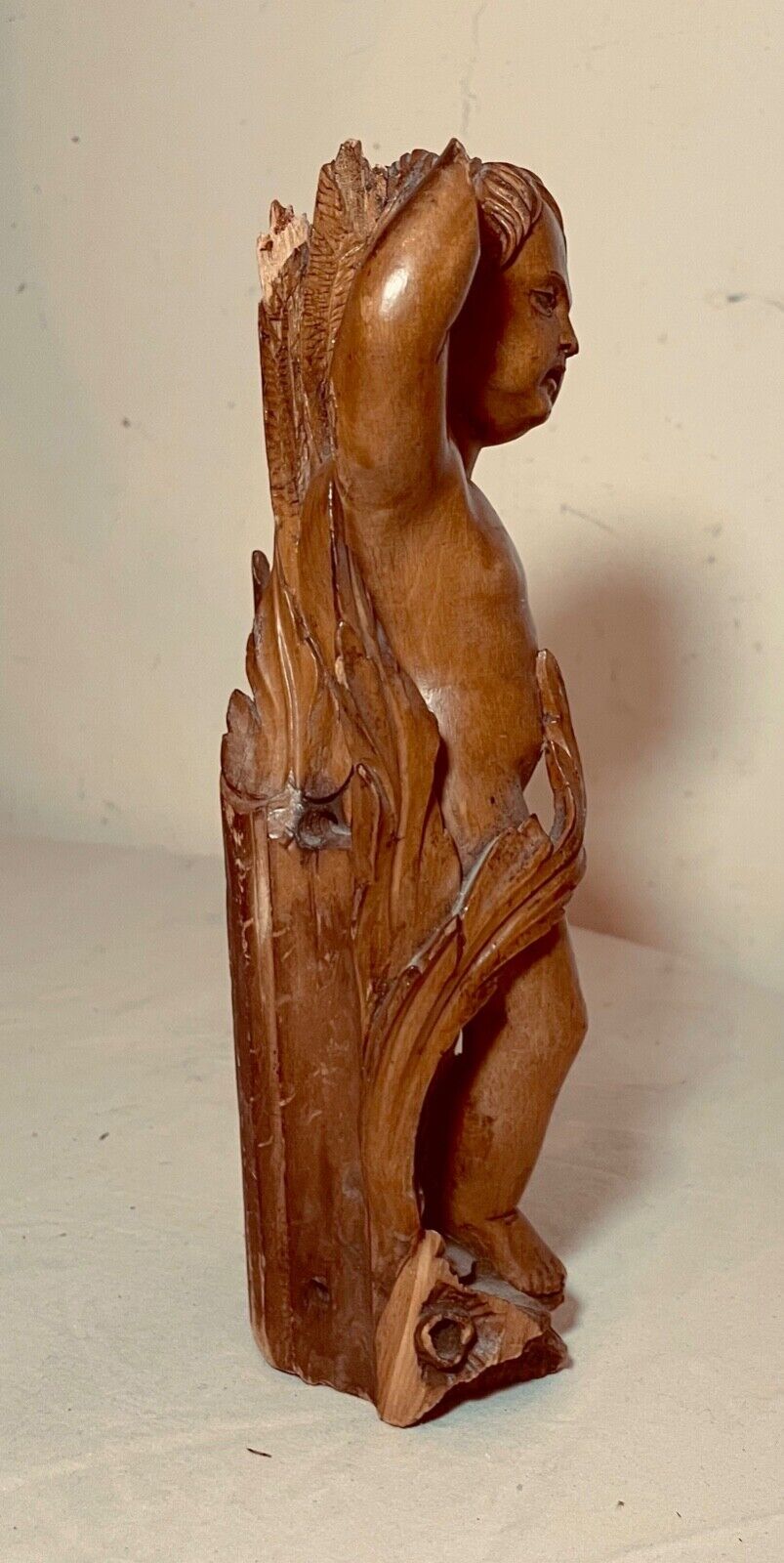 1800s Hand-Carved Apple Wood Cherub Putti Statue