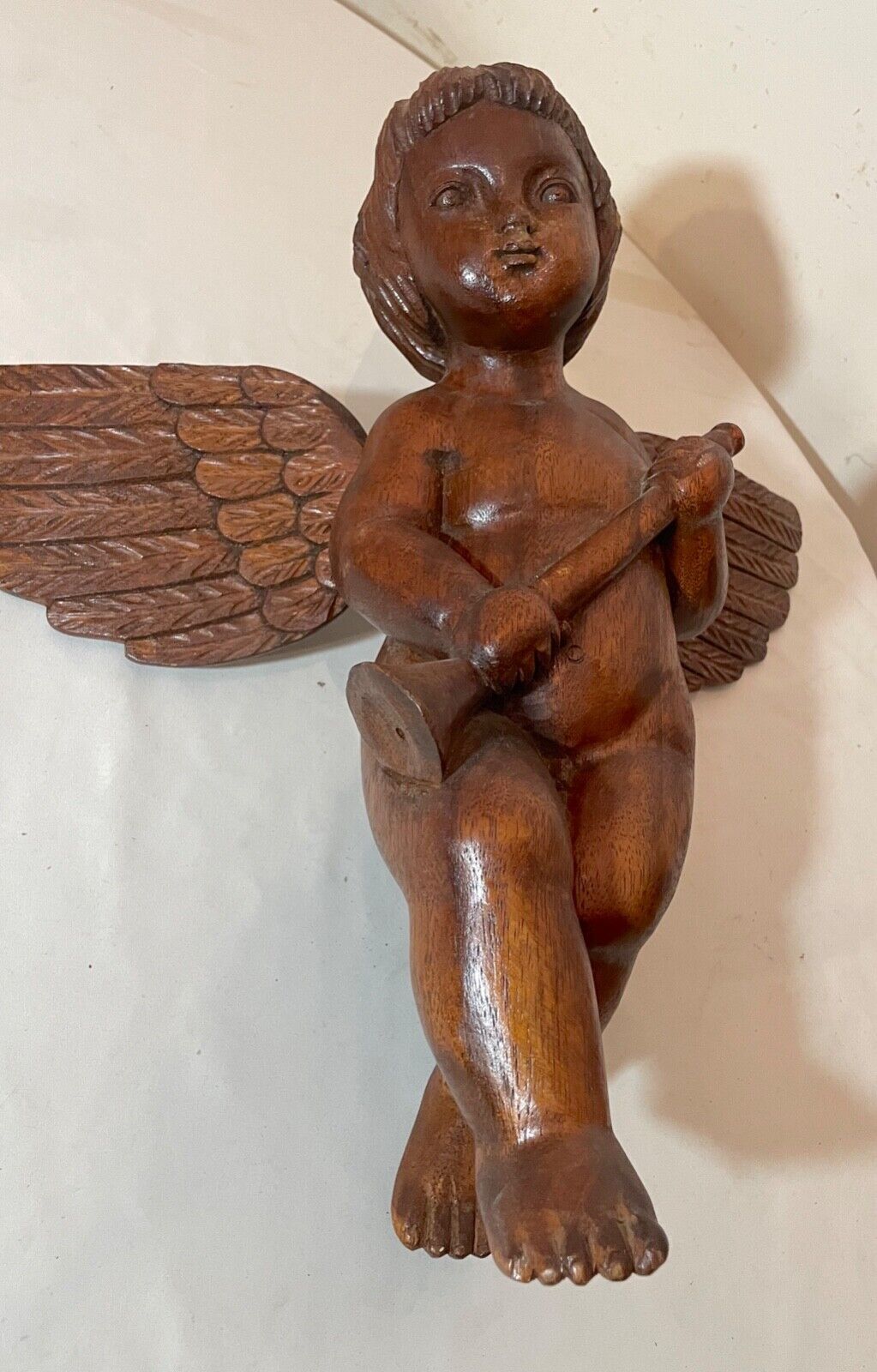 1800's hand carved wood religious cherub cupid statue