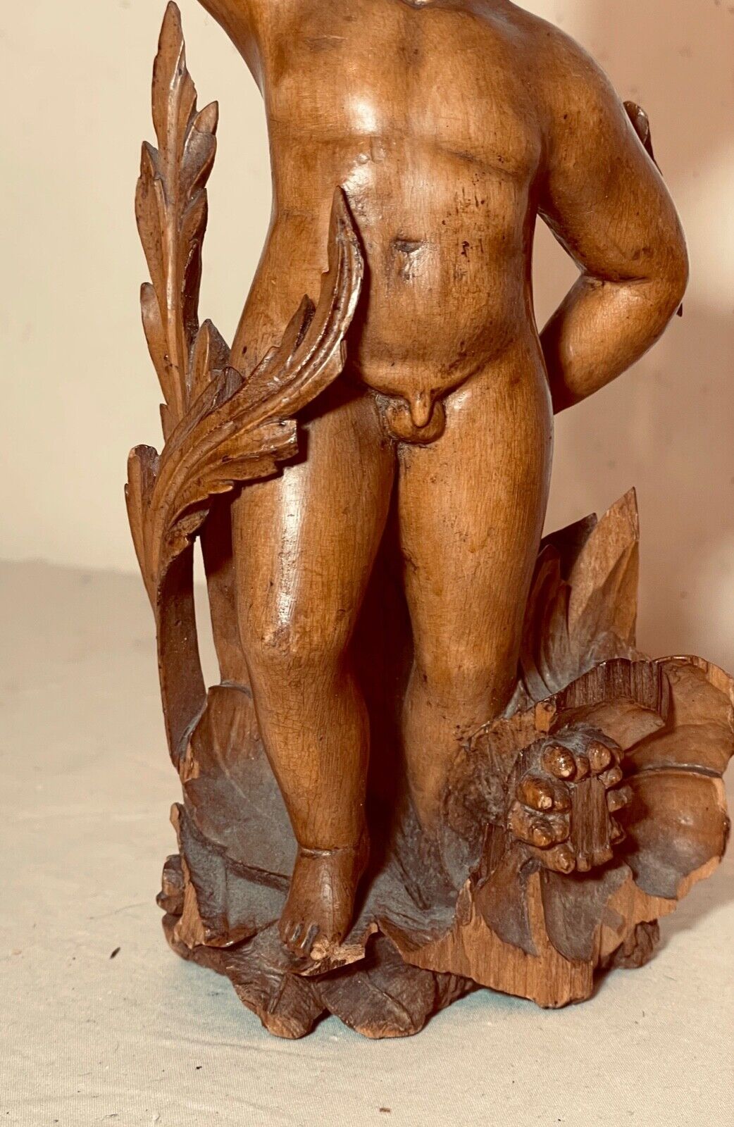 1800s Hand-Carved Apple Wood Cherub Putti Statue