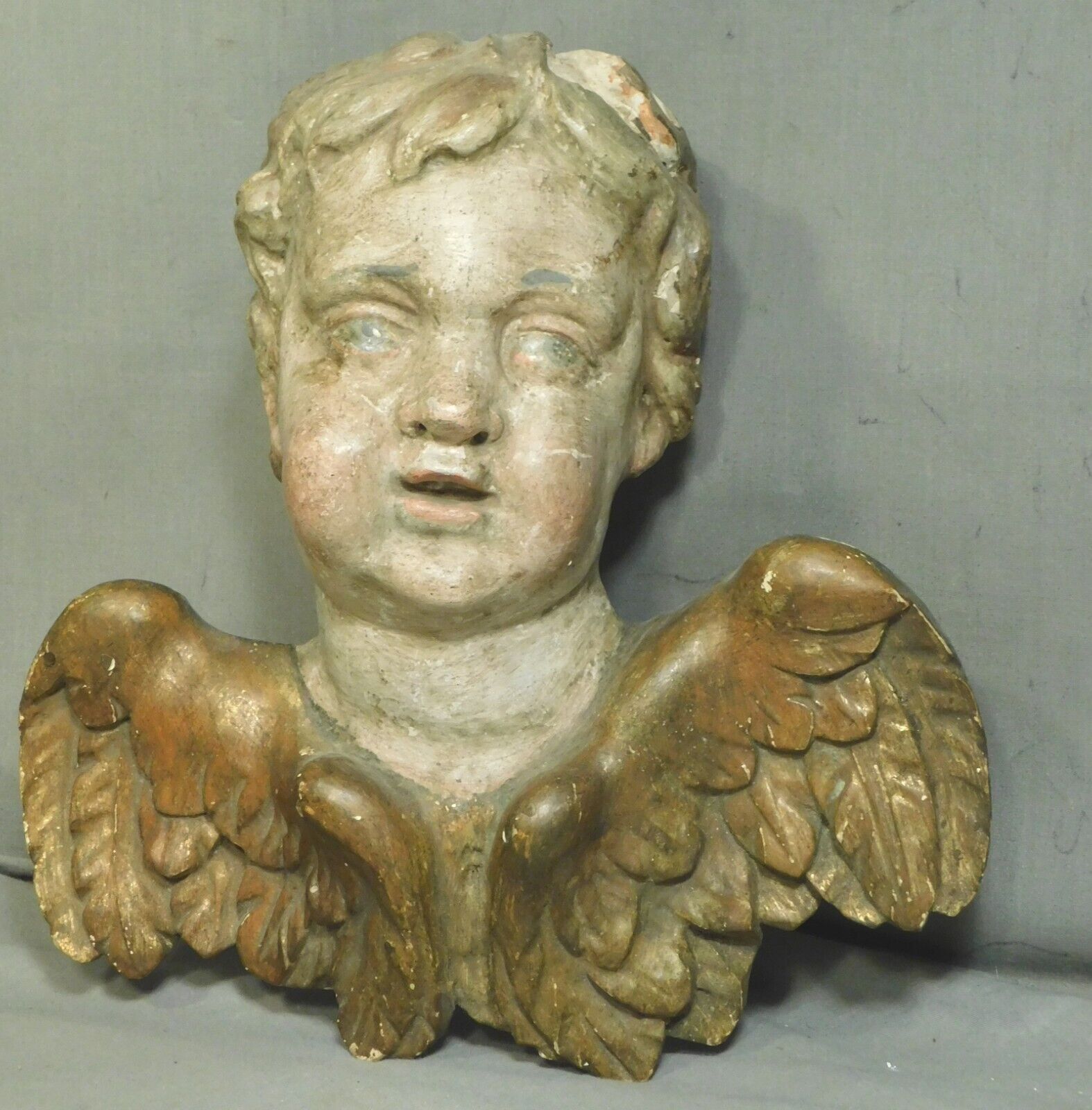 Baroque Rococo Angel Carved Gilt Polychrome Wood Cherub