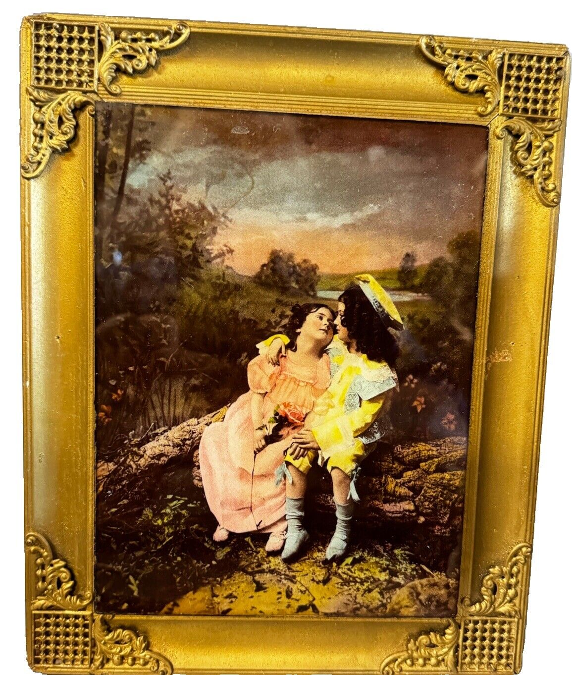 Victorian Children Print on Glass in Gold Frame