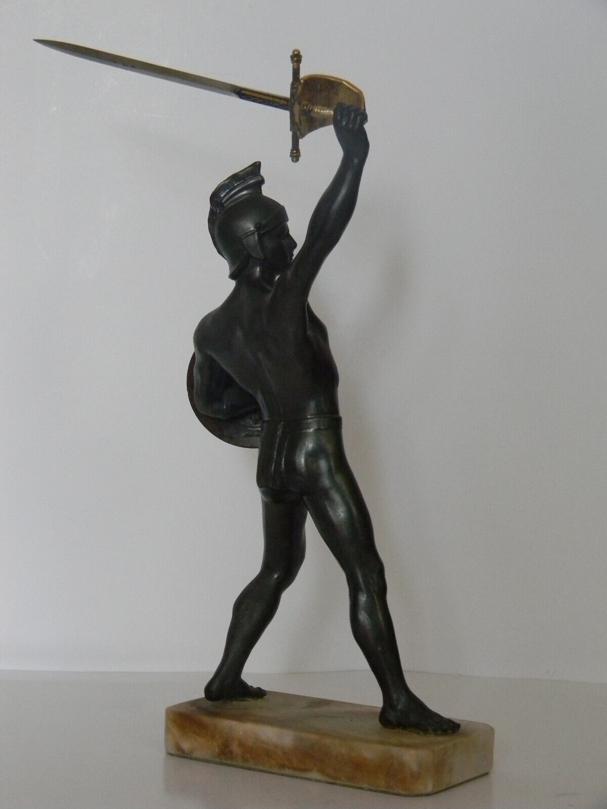 1800s Victorian Spelter Roman Warrior Figures on Marble Bases
