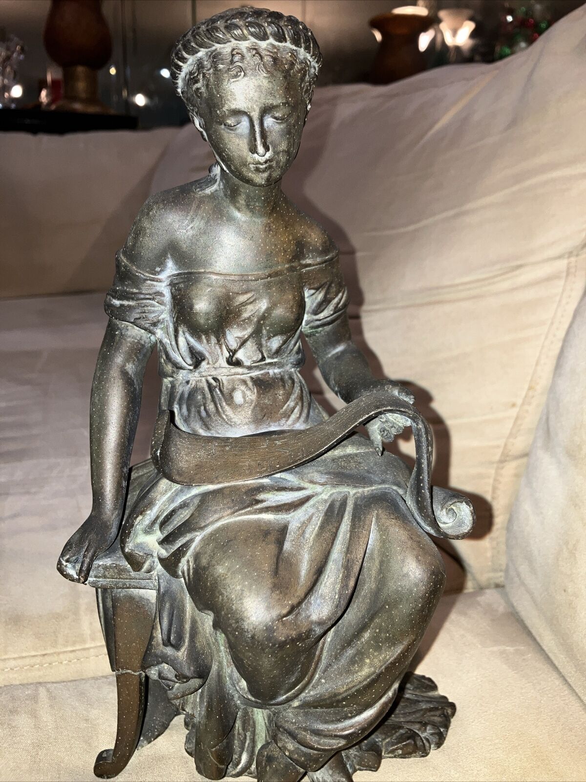 Antique Victorian Bronze Woman Reading Sculpture Flute Music