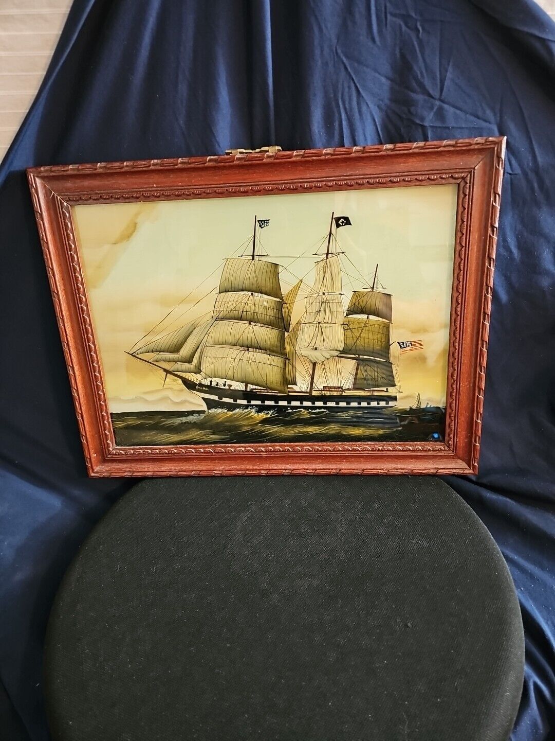 Clipper Ship Hand Painted Chinese Reverse Glass Art