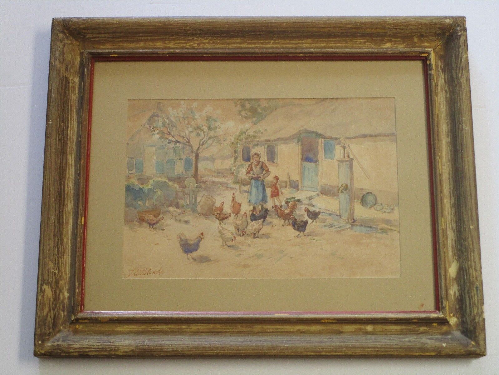 Vintage Le Blanche Signed Painting Farm Village Woman