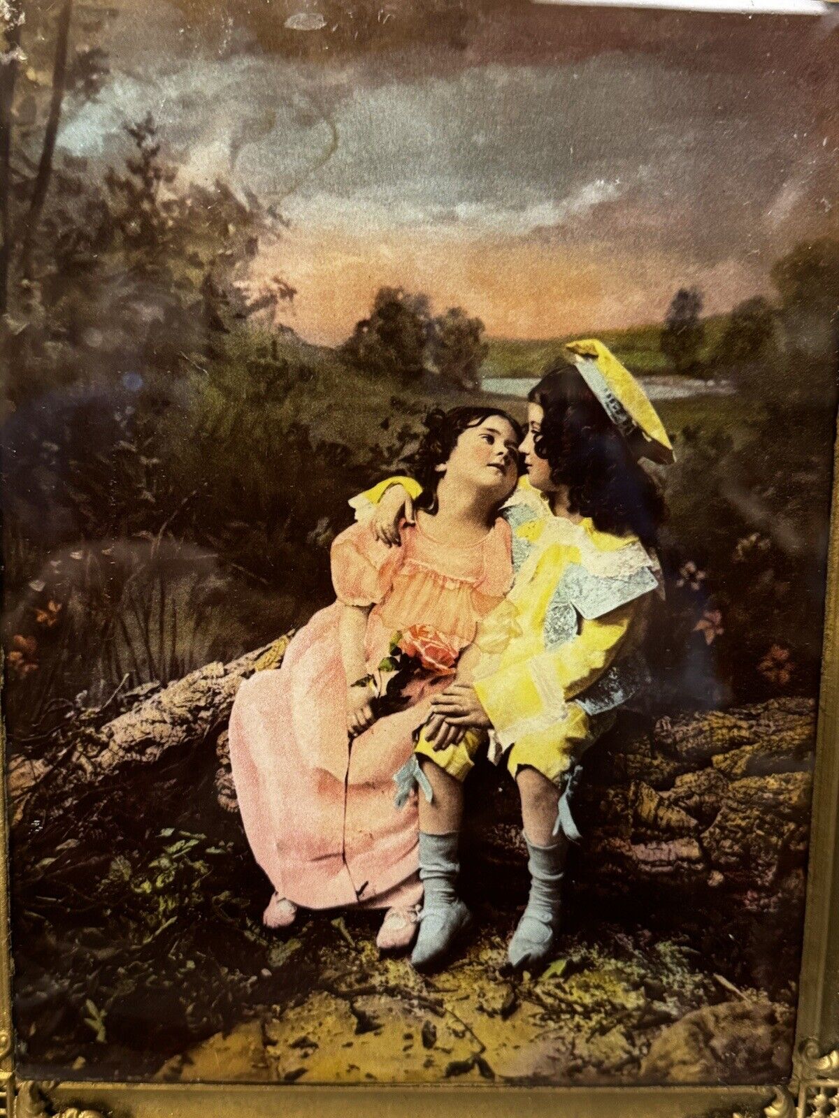 Victorian Children Print on Glass in Gold Frame