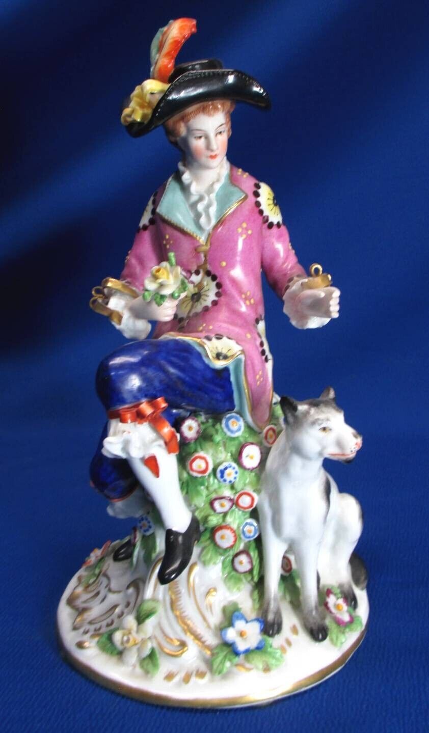 Late 1700's Derby Gold Anchor Figurine - Man and Dog