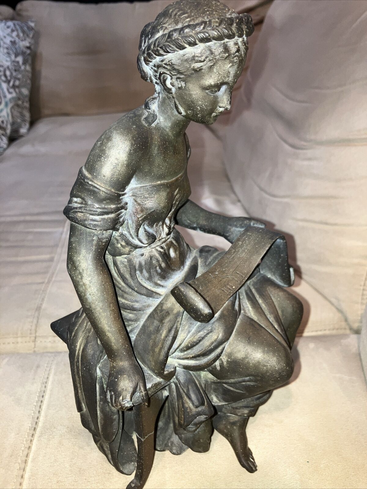 Antique Victorian Bronze Woman Reading Sculpture Flute Music
