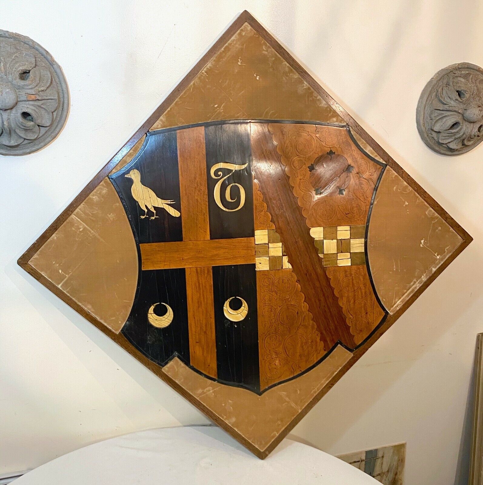 1700's heraldic wood marquetry coat of arms plaque