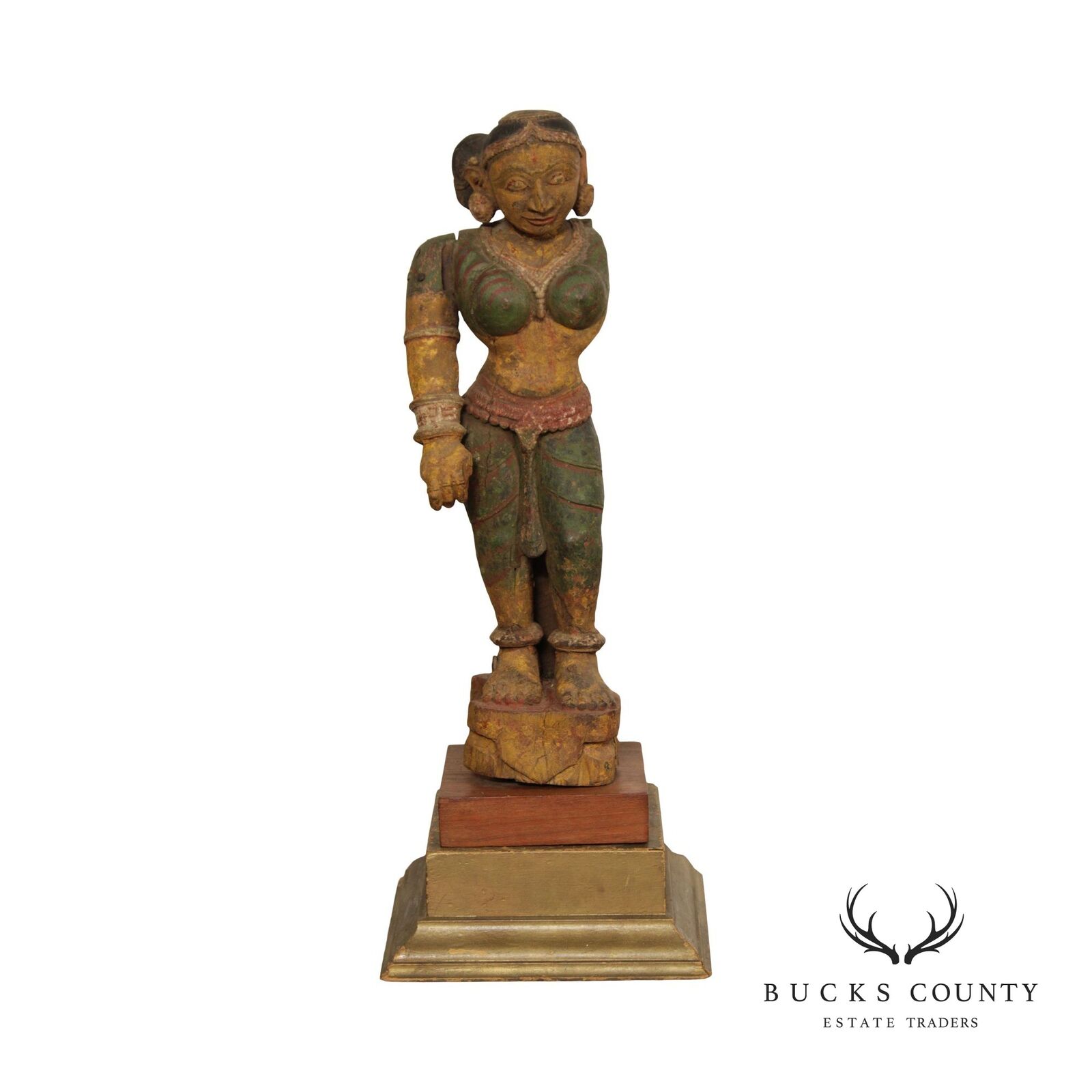 Indian Polychrome Wooden Goddess Sculpture - Antique Art