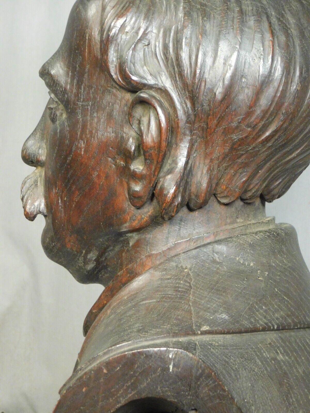 Carved Oak Mark Twain Portrait Bust, 1800s Antique