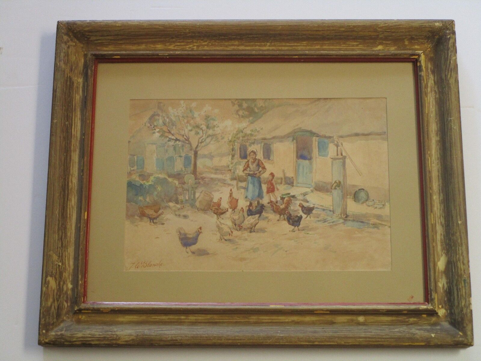 Vintage Le Blanche Signed Painting Farm Village Woman