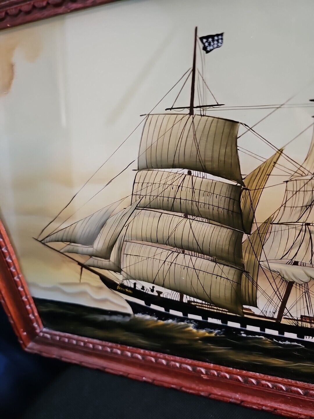 Clipper Ship Hand Painted Chinese Reverse Glass Art