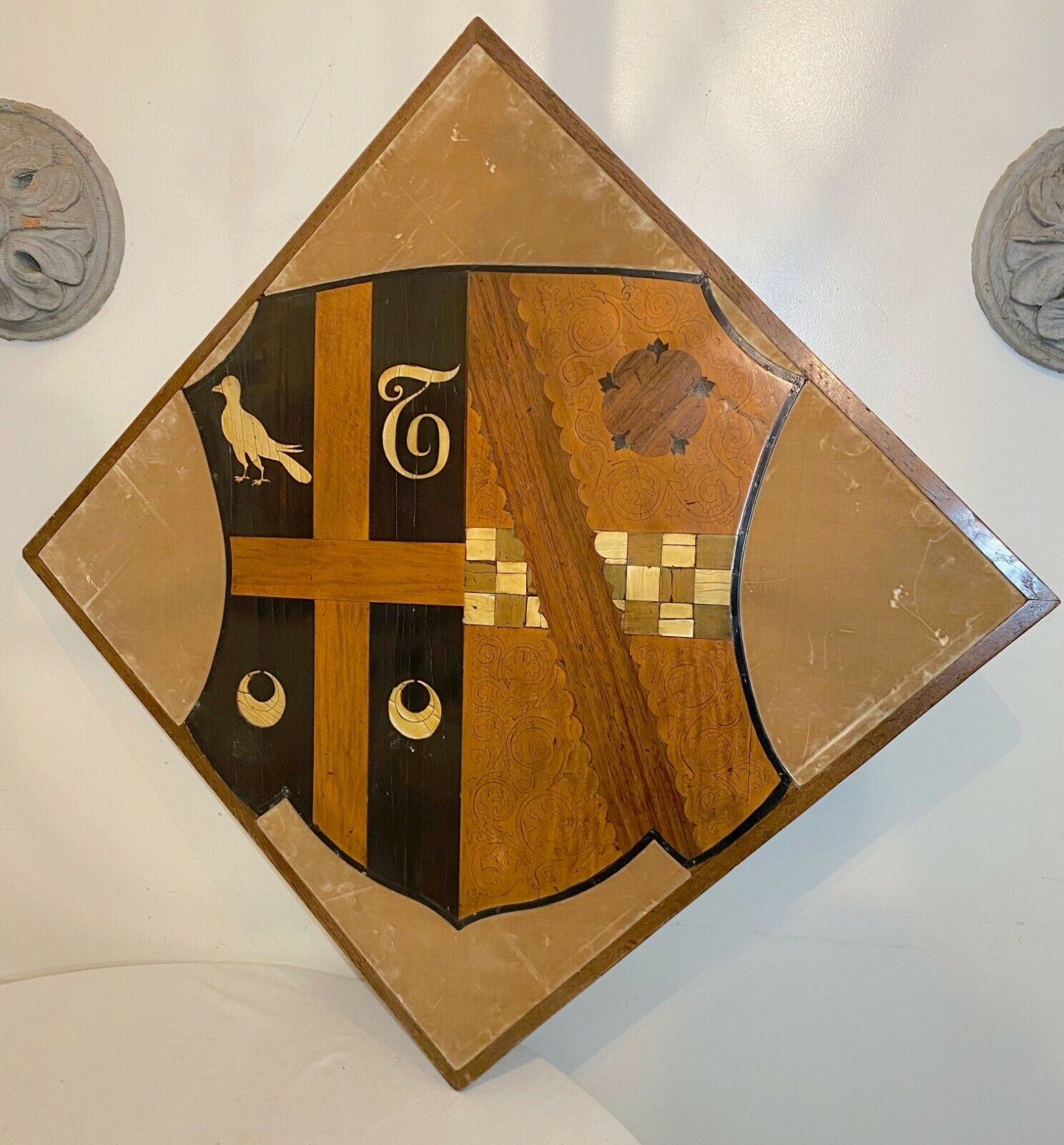 1700's heraldic wood marquetry coat of arms plaque