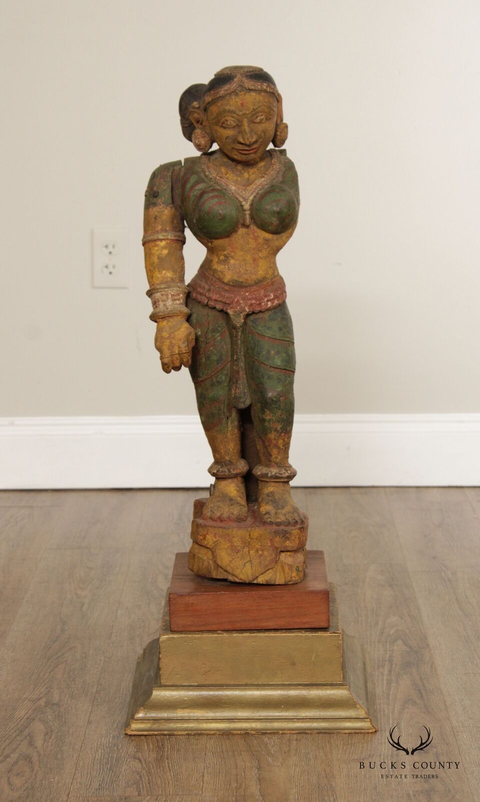 Indian Polychrome Wooden Goddess Sculpture - Antique Art