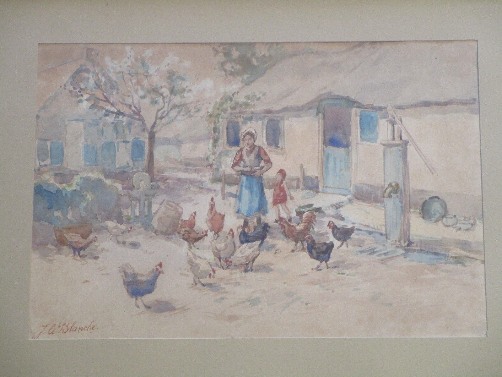 Vintage Le Blanche Signed Painting Farm Village Woman