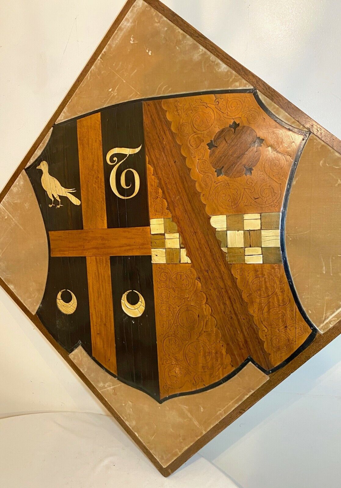 1700's heraldic wood marquetry coat of arms plaque