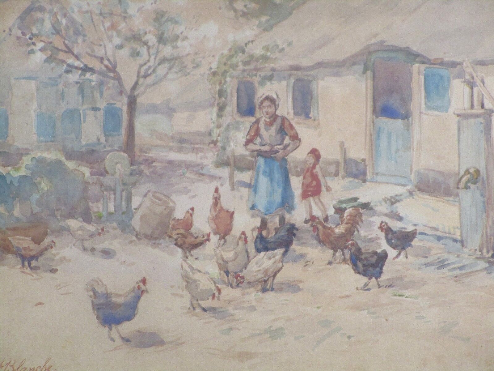 Vintage Le Blanche Signed Painting Farm Village Woman