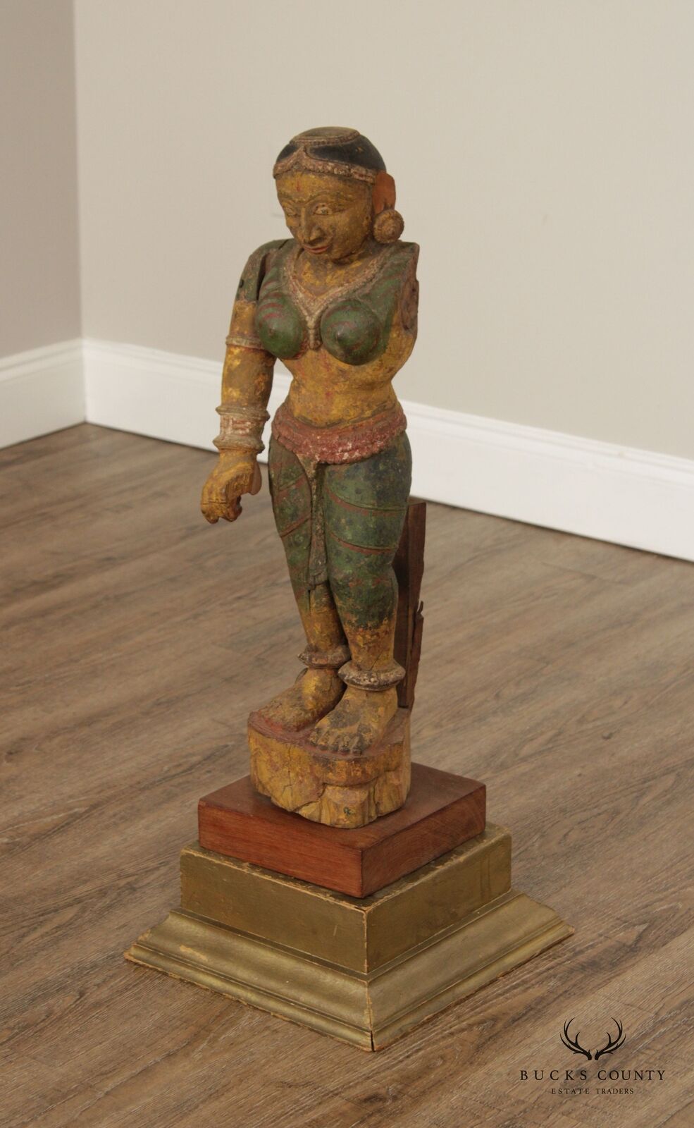 Indian Polychrome Wooden Goddess Sculpture - Antique Art