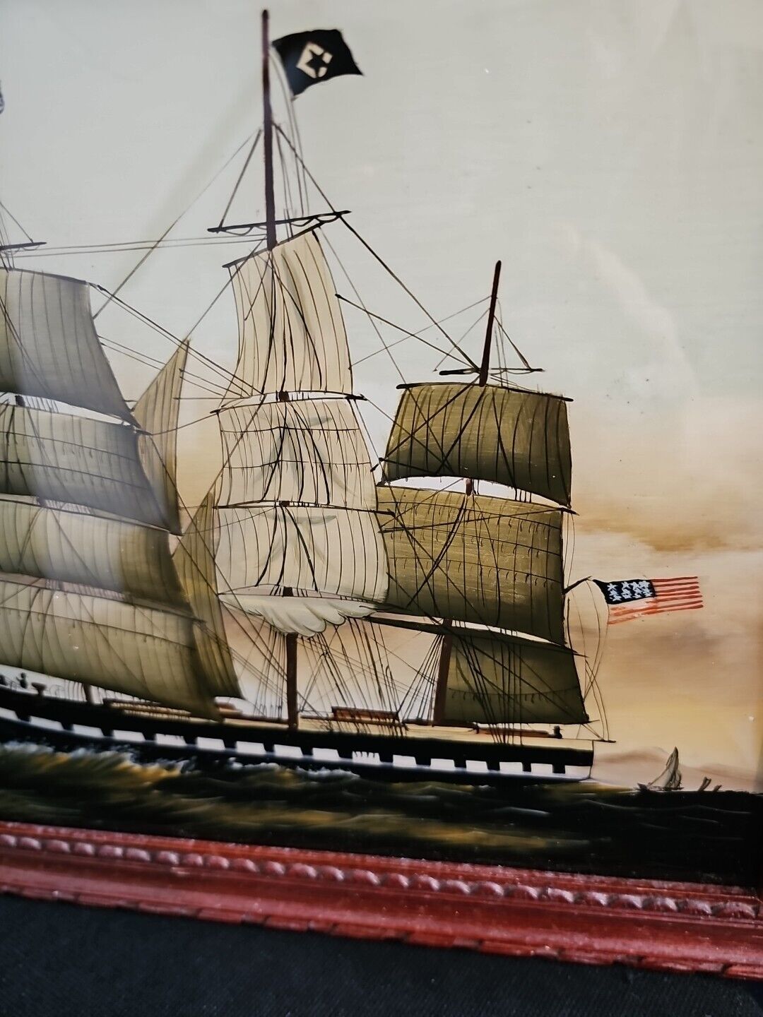 Clipper Ship Hand Painted Chinese Reverse Glass Art
