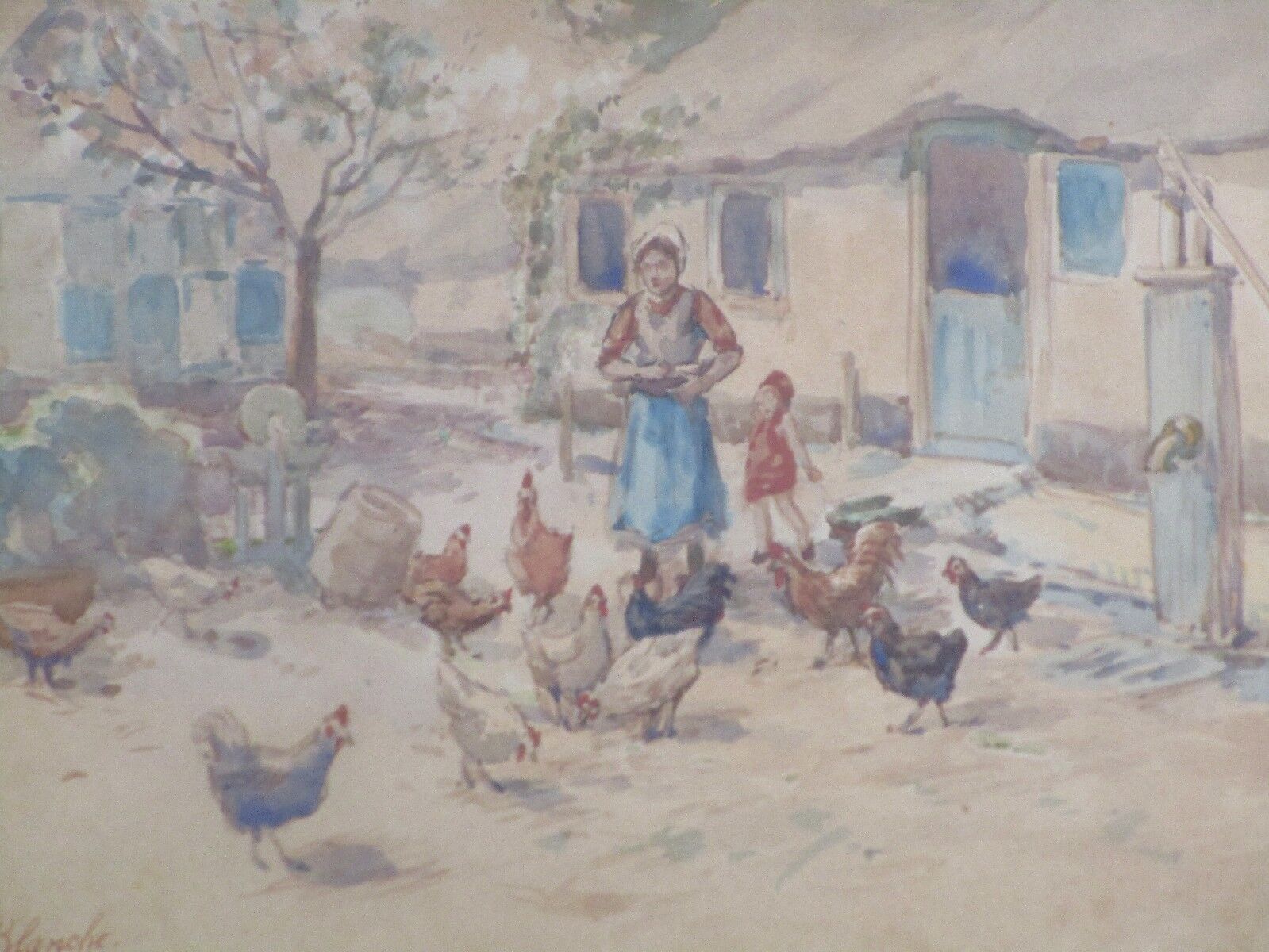 Vintage Le Blanche Signed Painting Farm Village Woman