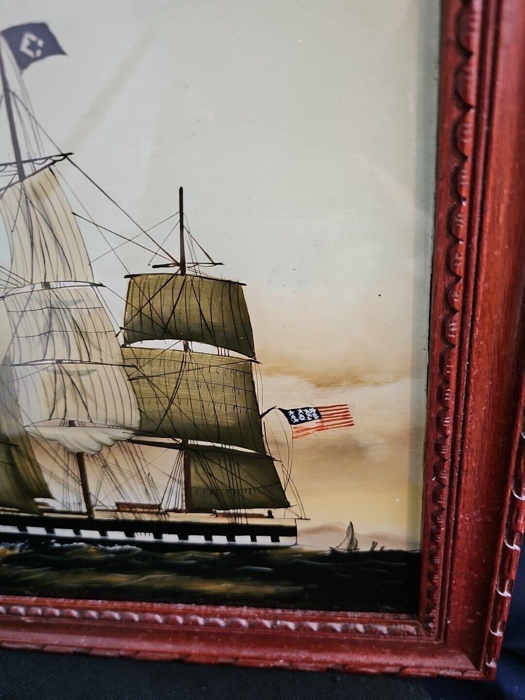 Clipper Ship Hand Painted Chinese Reverse Glass Art