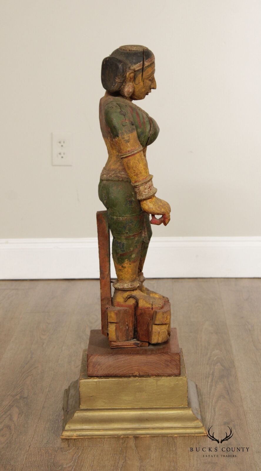 Indian Polychrome Wooden Goddess Sculpture - Antique Art