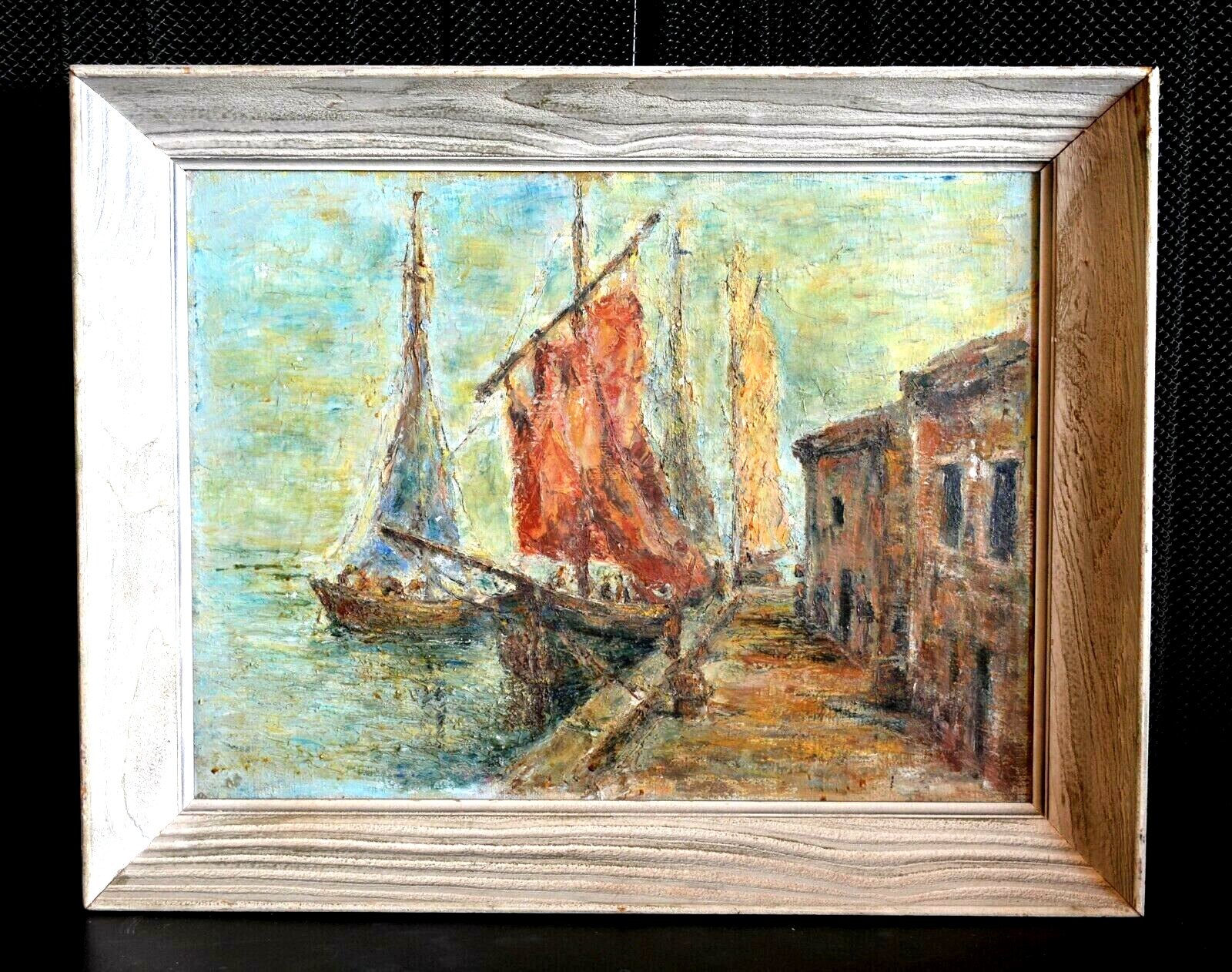 Impressionist Oil Painting: Ships Docked at Port 1900s
