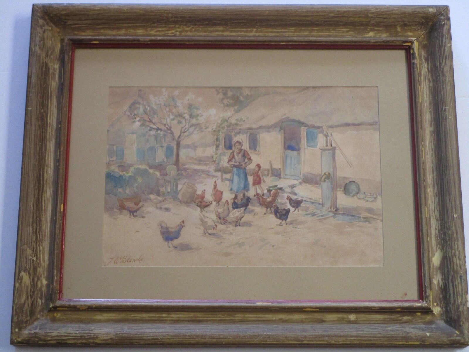 Vintage Le Blanche Signed Painting Farm Village Woman