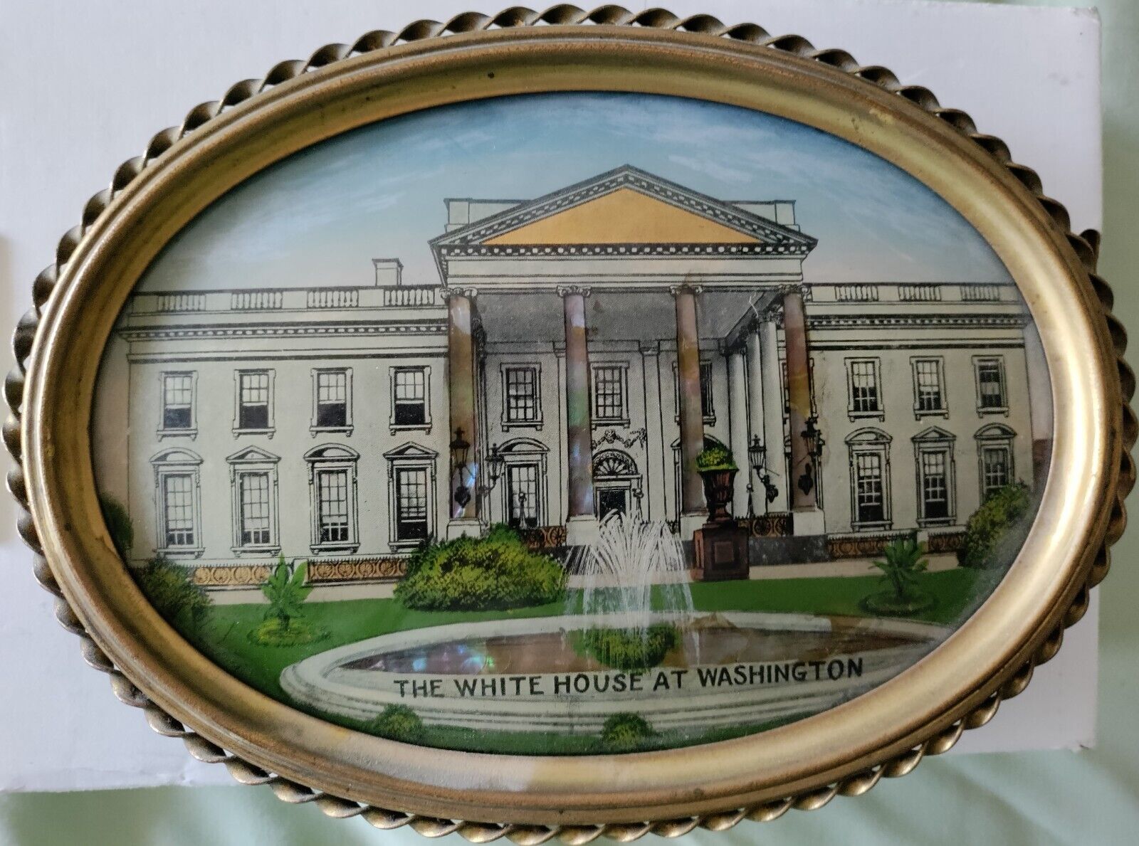 Antique Reverse Curved Glass Painting: White House circa 1800s
