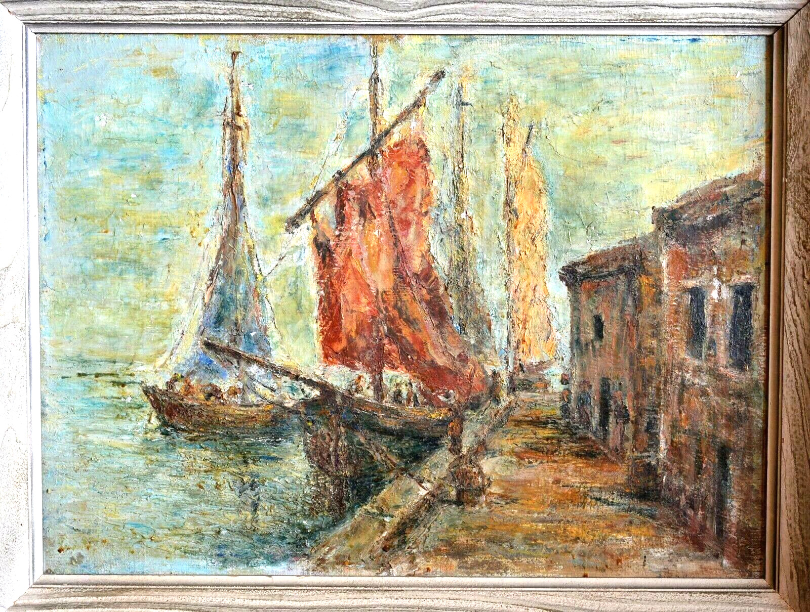 Impressionist Oil Painting: Ships Docked at Port 1900s