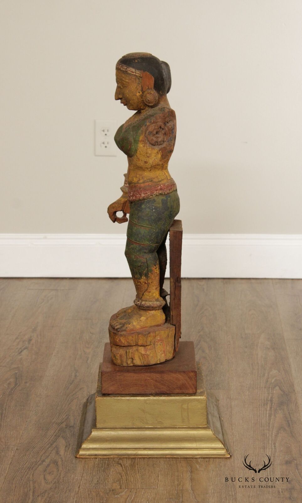 Indian Polychrome Wooden Goddess Sculpture - Antique Art