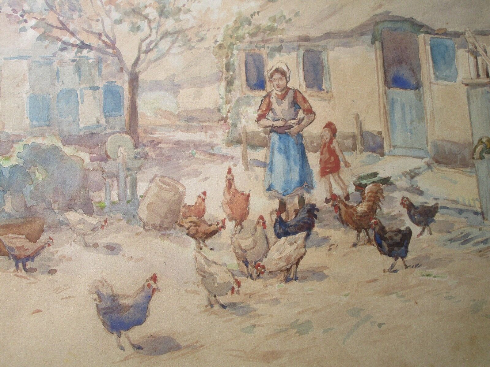 Vintage Le Blanche Signed Painting Farm Village Woman