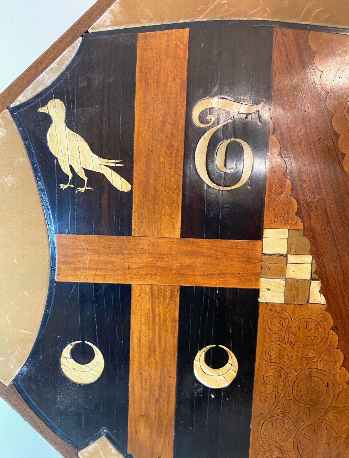 1700's heraldic wood marquetry coat of arms plaque