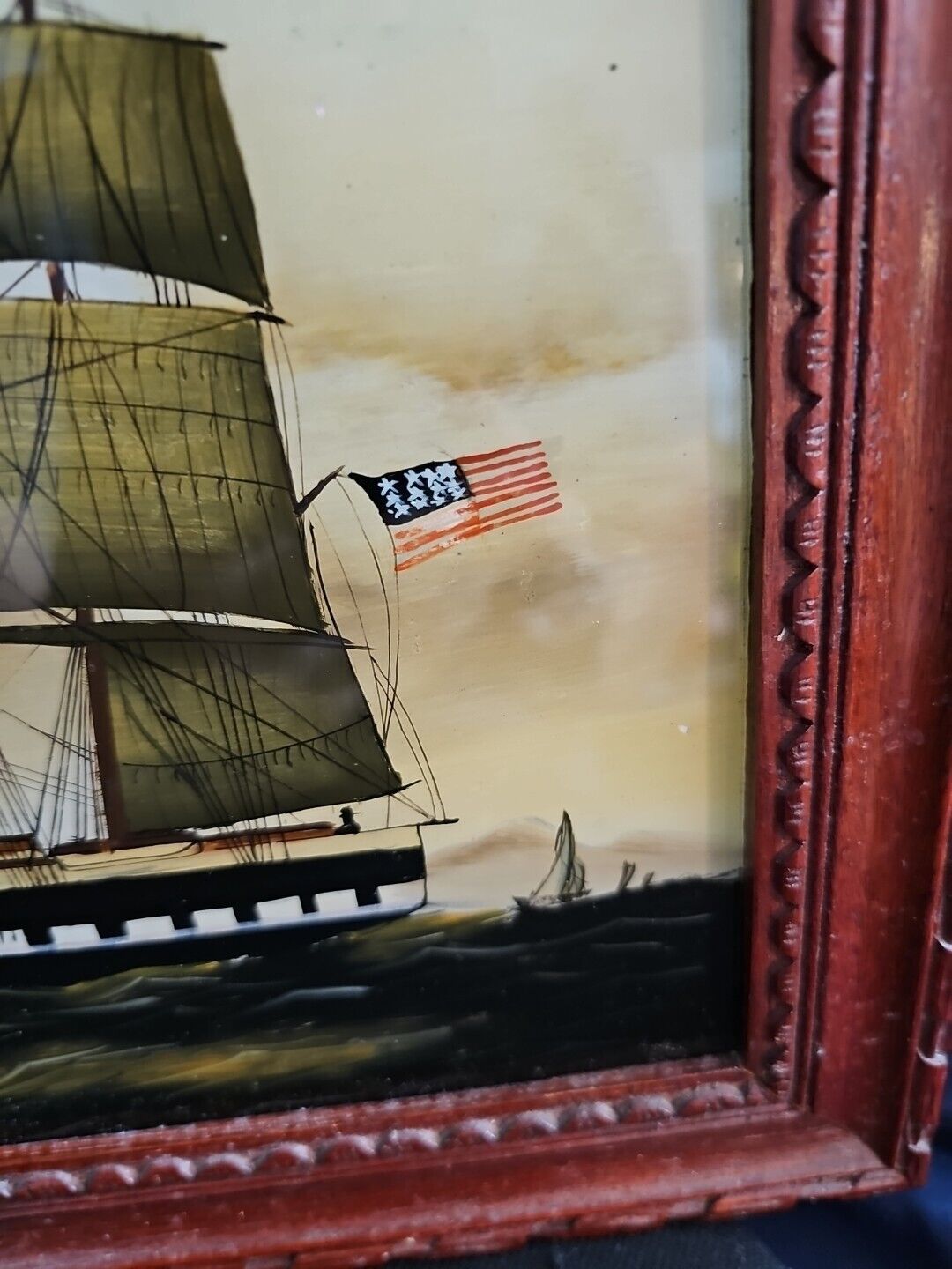 Clipper Ship Hand Painted Chinese Reverse Glass Art