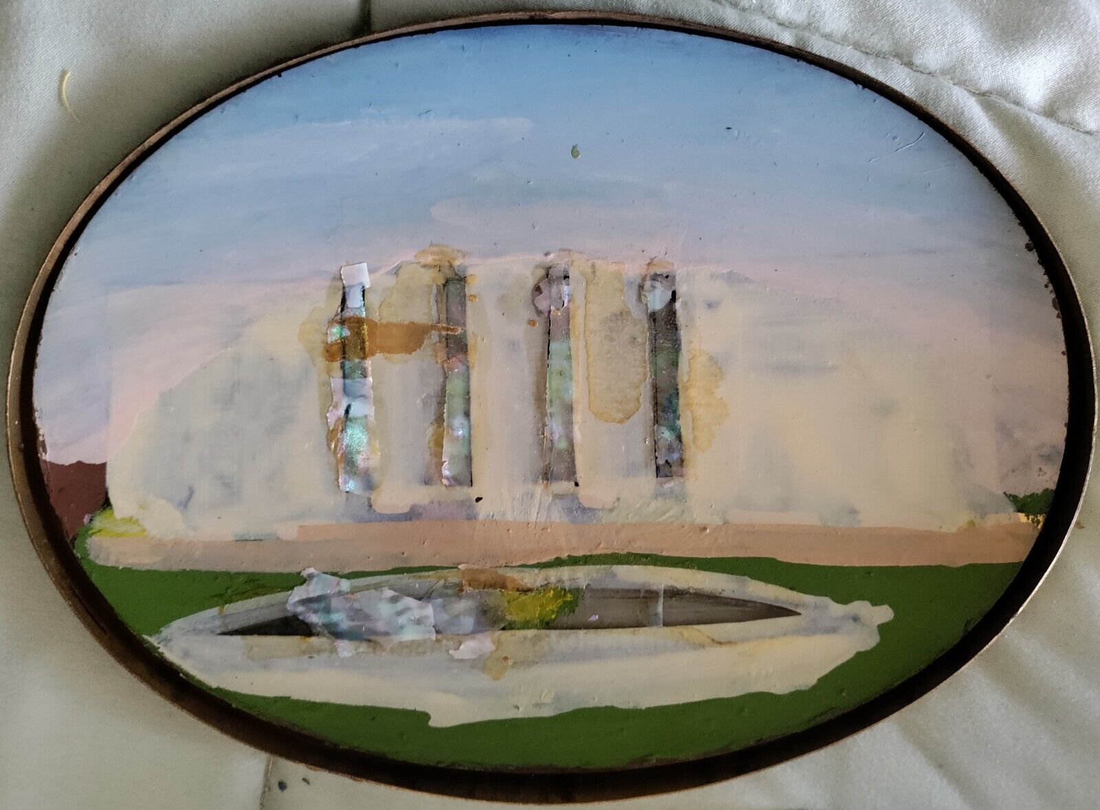 Antique Reverse Curved Glass Painting: White House circa 1800s