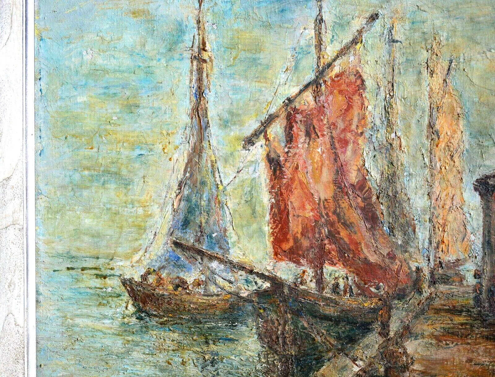 Impressionist Oil Painting: Ships Docked at Port 1900s
