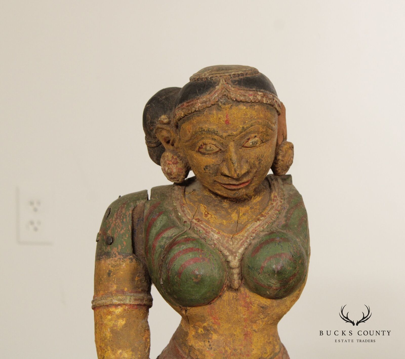 Indian Polychrome Wooden Goddess Sculpture - Antique Art