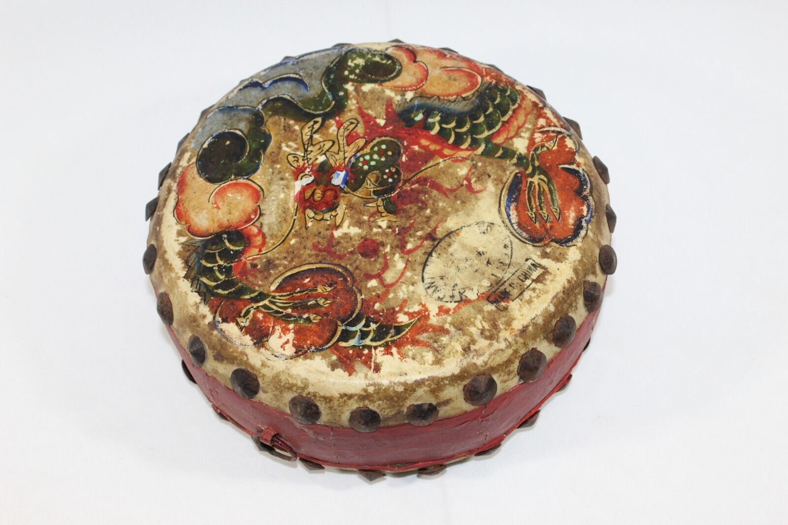 Chinese Double Sided Hide Tack Drum Antique Dragon