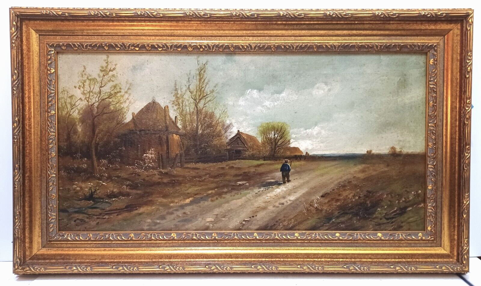 1900's Mystery Artist Antique Oil Farmhouse Landscape Framed