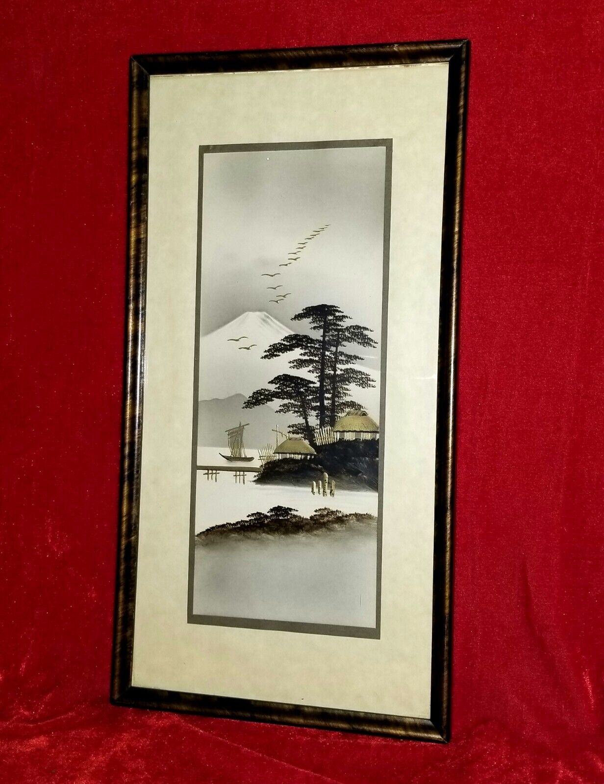1900s-30s Japanese MT FUJI Gold Painting, Tiger Maple Frame